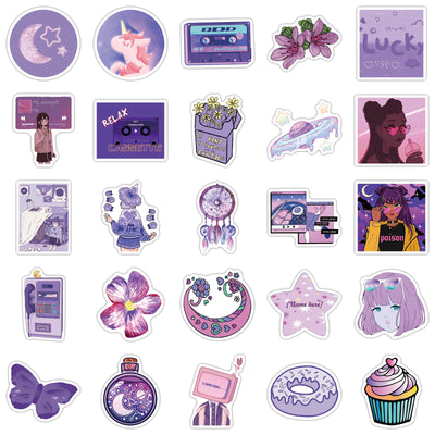 Set of 50 purple-themed graffiti stickers featuring diverse cartoon and aesthetic designs for personalization. - Image 8