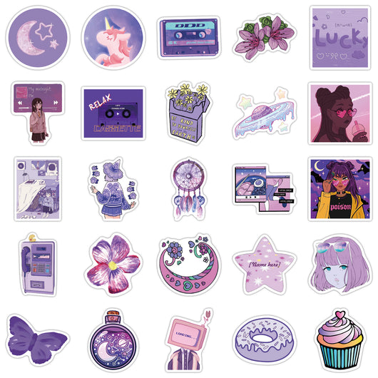 Set of 50 purple-themed graffiti stickers featuring diverse cartoon and aesthetic designs for personalization. - Image 12