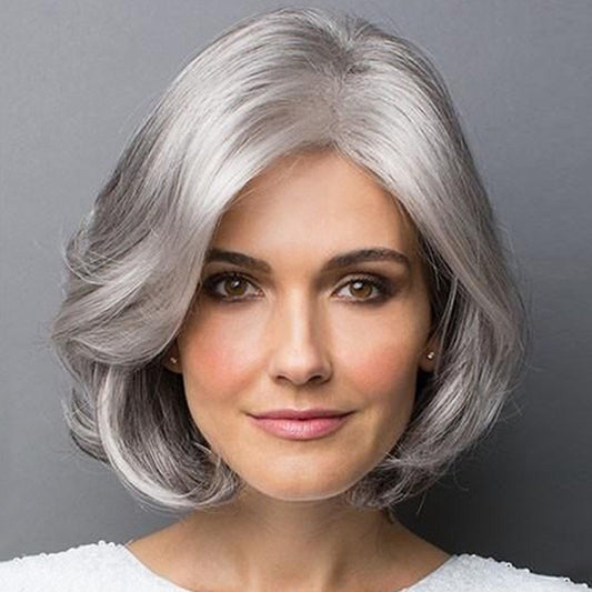 Peluca Corta Rizada Gris Plata Realista Estilo Bobo