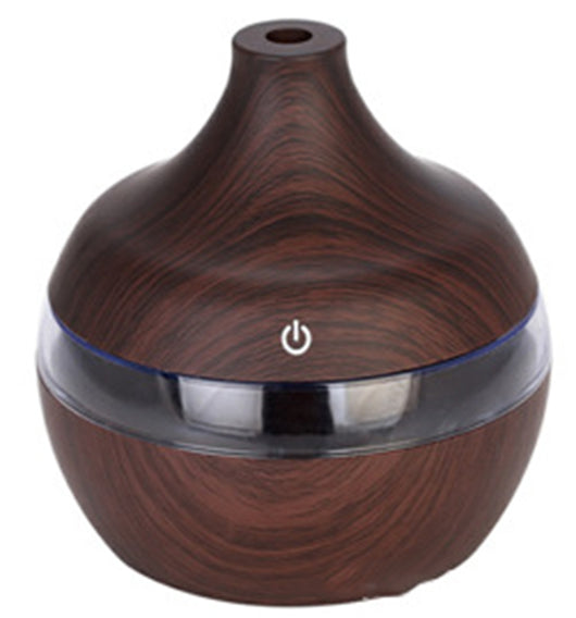 Wood grain aromatherapy USB humidifier with water drop shape, lid open, showing internal components and LED light options.