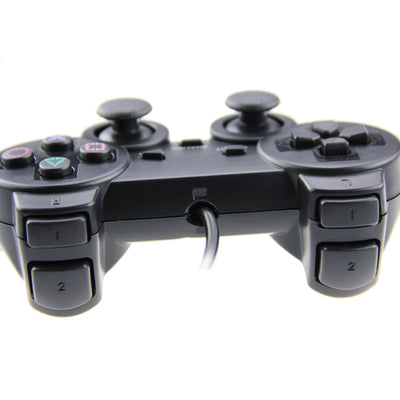 Black wired game controller for PS2 with dual analog sticks, D-pad, and colored action buttons. - Image 11