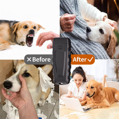 Black and orange handheld ultrasonic dog training device with a Type-C charging port and an orange button. - Image 14