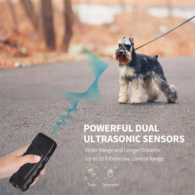 Black and orange handheld ultrasonic dog training device with a Type-C charging port and an orange button. - Image 15