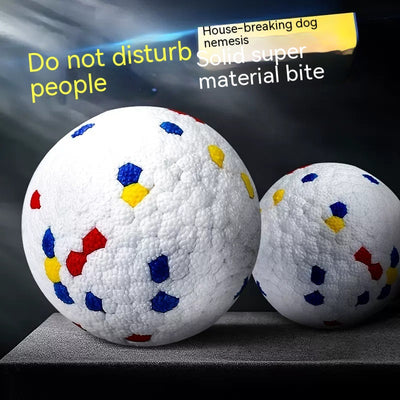 White pet ball dog toy with a textured surface, featuring scattered red, blue, and yellow hexagonal shapes. - Image 10