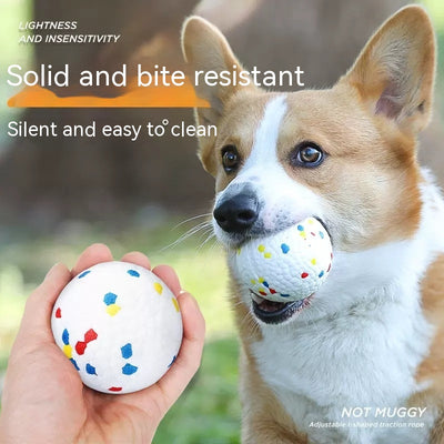 White pet ball dog toy with a textured surface, featuring scattered red, blue, and yellow hexagonal shapes. - Image 11
