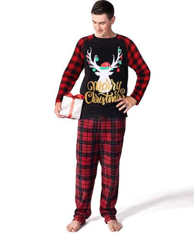 Men's Christmas pajama set with a black long-sleeve top featuring a reindeer and "Merry Christmas" text, paired with red plaid pants. - Image 4