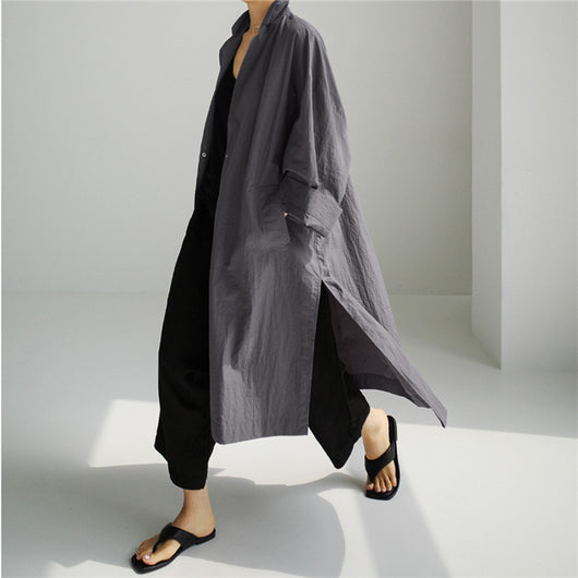 Abrigo Tipo Trench Shirt Dress Largo de Lino y Algodón con Abertura - Image 21