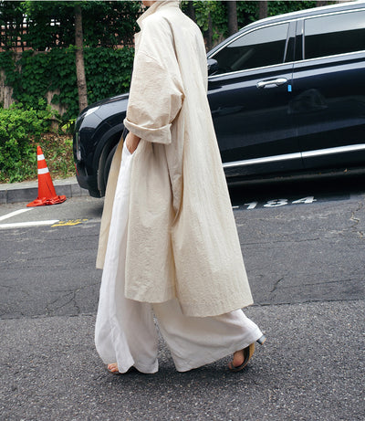 Abrigo Tipo Trench Shirt Dress Largo de Lino y Algodón con Abertura - Image 29