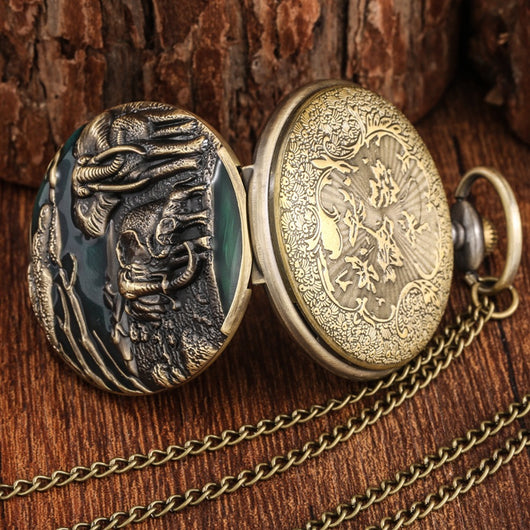 Reloj de Bolsillo Retro Abatible con Patrón de Elefante y Movimiento de Cuarzo - Image 10