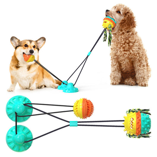 Red, white, and blue textured dog chew toy with rope tassels and a blue suction cup base, shown with a Dalmatian puppy playing. - Image 11