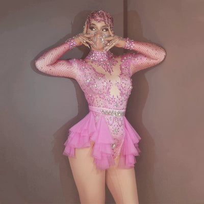 Jumpsuit de Malla Brillante con Cristales para Presentaciones Escénicas - Image 15