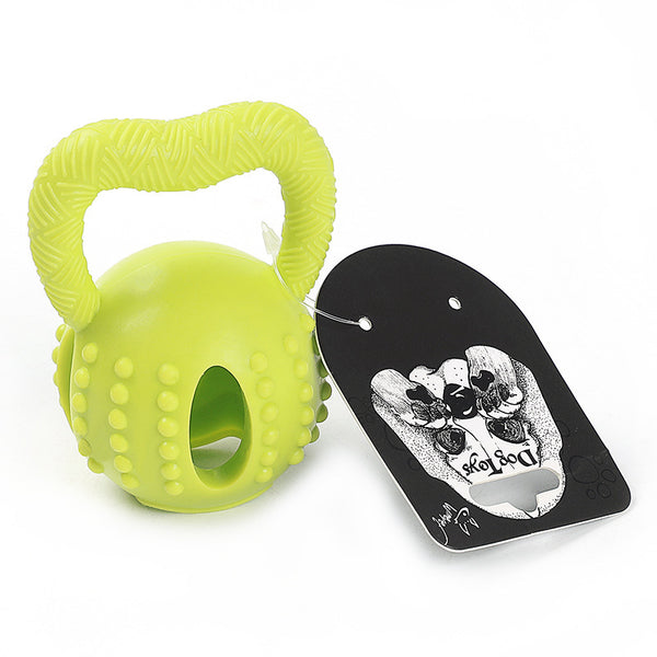 Green kettlebell-shaped TPR dog toy with a textured handle, nubs for molar cleaning, and a treat-dispensing opening. - Image 5