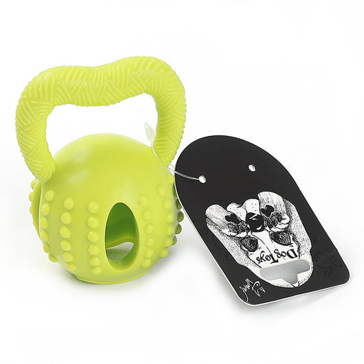 Green kettlebell-shaped TPR dog toy with a textured handle, nubs for molar cleaning, and a treat-dispensing opening. - Image 5