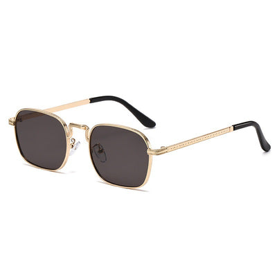 Gold frame square-oval sunglasses with gradient black and grey lenses and black temple tips on a white background. - Image 7