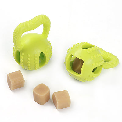 Green kettlebell-shaped TPR dog toy with a textured handle, nubs for molar cleaning, and a treat-dispensing opening. - Image 8