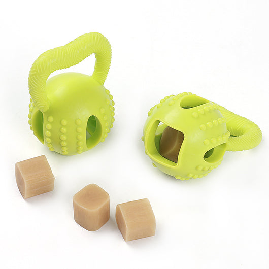 Green kettlebell-shaped TPR dog toy with a textured handle, nubs for molar cleaning, and a treat-dispensing opening. - Image 8