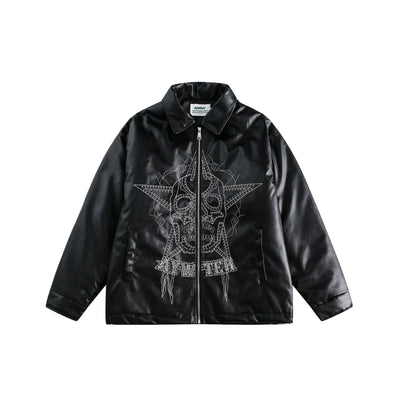 Chaqueta de Cuero Punk con Bordado de Calavera y Forro Grueso - Image 14