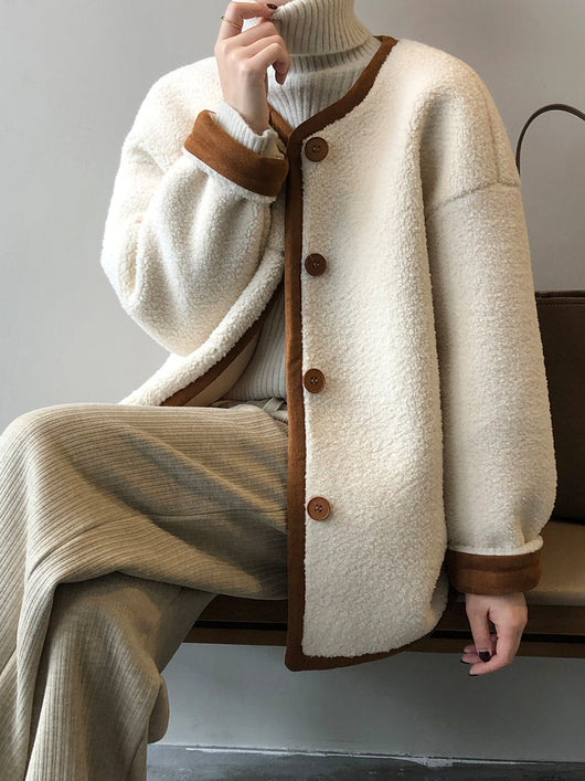 Abrigo de Lana Cordero Estilo Coreano Polar Integrado Suelto - Image 19