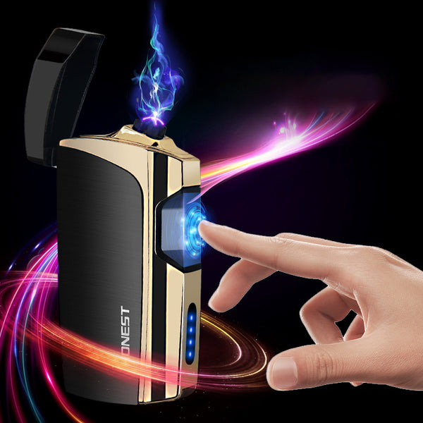 Blue and silver multi-function electric lighter with a visible green plasma arc and four blue battery indicator lights.