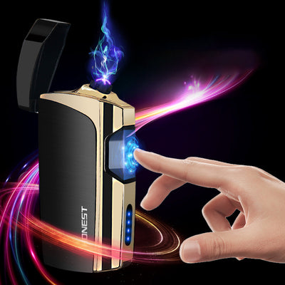 Blue and silver multi-function electric lighter with a visible green plasma arc and four blue battery indicator lights.