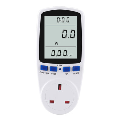 White digital power meter with an LCD screen displaying wattage and cost, featuring blue control buttons and a UK Type G plug socket. - Image 6