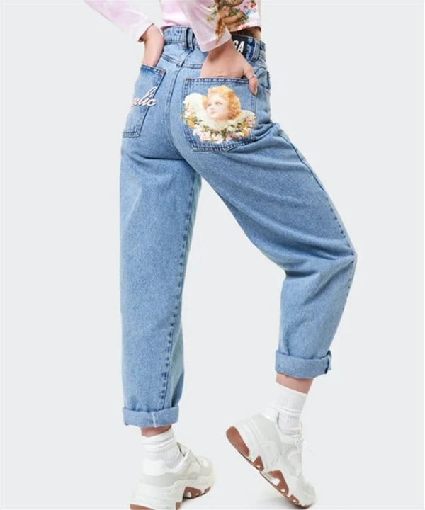 Jeans Retro Cintura Alta con Estampado Ángel Holgados Americanos