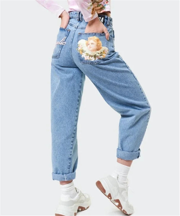 Jeans Retro Cintura Alta con Estampado Ángel Holgados Americanos