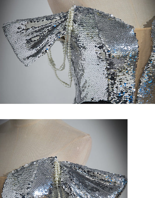 Vestido de Noche Elegante con Hombros Descubiertos y Lentejuelas Plateadas - Image 15