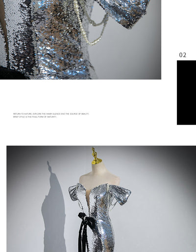 Vestido de Noche Elegante con Hombros Descubiertos y Lentejuelas Plateadas - Image 28