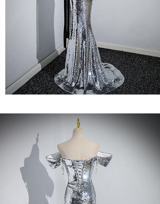 Vestido de Noche Elegante con Hombros Descubiertos y Lentejuelas Plateadas - Image 29