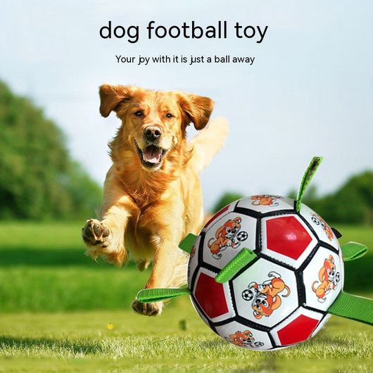 Red and white dog football toy with green fabric loops, featuring cartoon dogs playing with a soccer ball. - Image 8