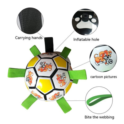 Red and white dog football toy with green fabric loops, featuring cartoon dogs playing with a soccer ball. - Image 11