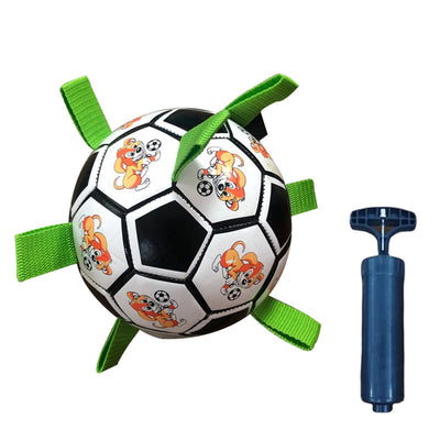 Red and white dog football toy with green fabric loops, featuring cartoon dogs playing with a soccer ball. - Image 13