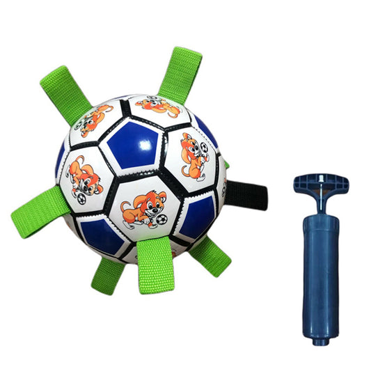 Red and white dog football toy with green fabric loops, featuring cartoon dogs playing with a soccer ball. - Image 14