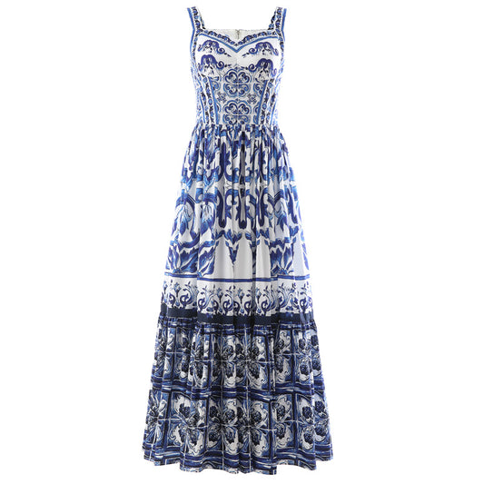 Vestido de Verano Azul y Blanco con Estampado de Tirantes de Porcelana - Image 2
