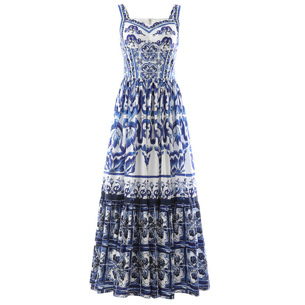 Vestido de Verano Azul y Blanco con Estampado de Tirantes de Porcelana