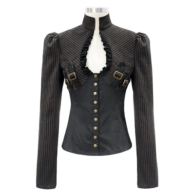 Camisa Vintage Patchwork con Cuello Parado Slim para Mujer - Image 9