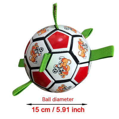 Red and white dog football toy with green fabric loops, featuring cartoon dogs playing with a soccer ball. - Image 20