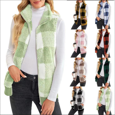 Chaleco Cardigan de Terciopelo Reversible con Cuadros Gruesos y Cuello de Pie - Image 22