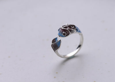 Anillo de Plata S925 Carpa Koi Azul Esmaltado Estilo Retro - Image 9
