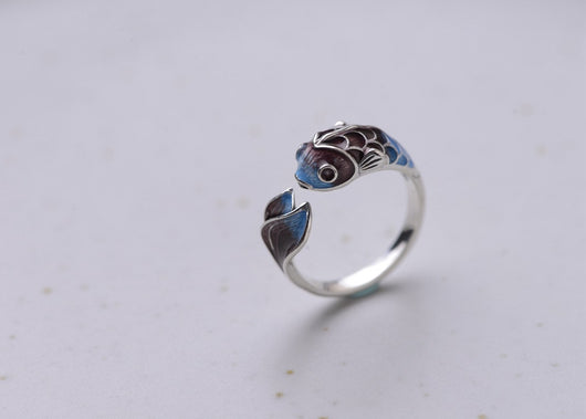 Anillo de Plata S925 Carpa Koi Azul Esmaltado Estilo Retro - Image 9