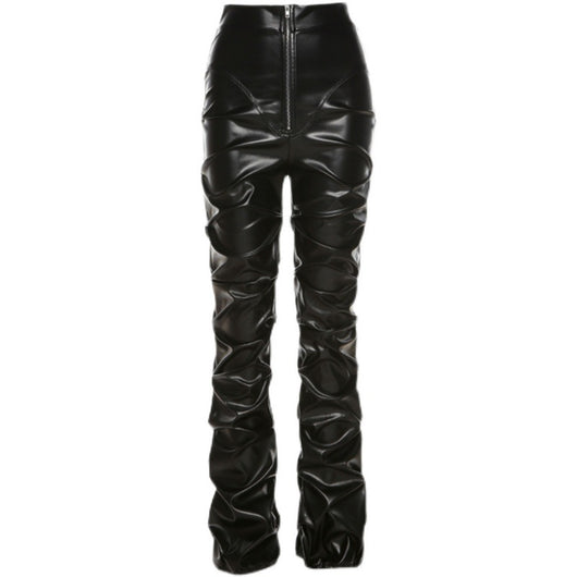 Pantalón de Cuero PU Plisado Cintura Alta Negro - Image 4