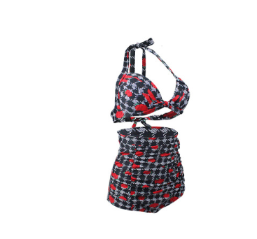Rose bikini with a black, white, and red houndstooth pattern. Features a halter top and ruched high-waisted bottoms. - Image 3