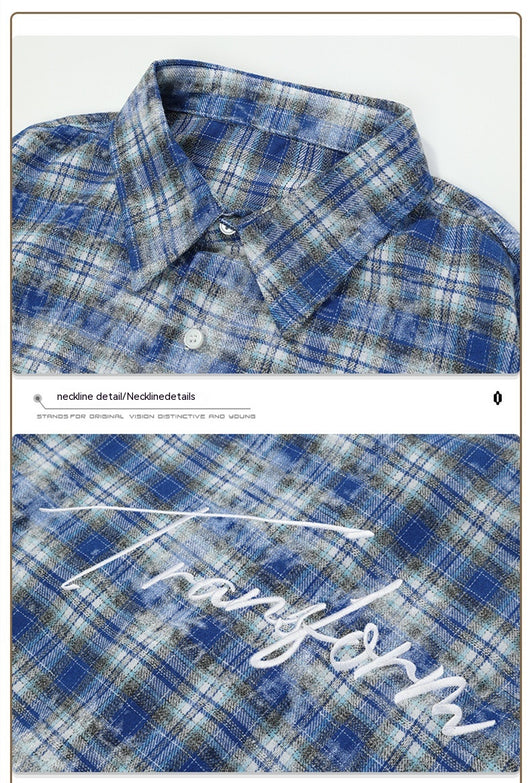 Camisa de Cuadros Hip Hop con Bordado de Letras y Solapa Floral - Image 16