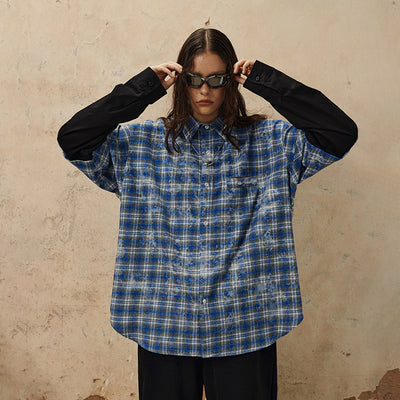 Camisa de Cuadros Hip Hop con Bordado de Letras y Solapa Floral - Image 23