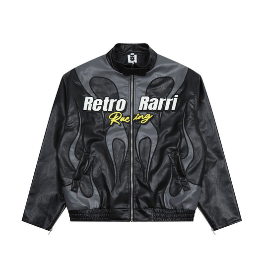 Chaqueta de Cuero para Hombre con Parches Bordados Estilo Locomotora Racing - Image 9