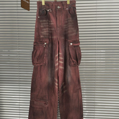 Pantalón Denim Rojo Óxido Ancho con Bolsillos Grandes y Efecto Desgastado - Image 18