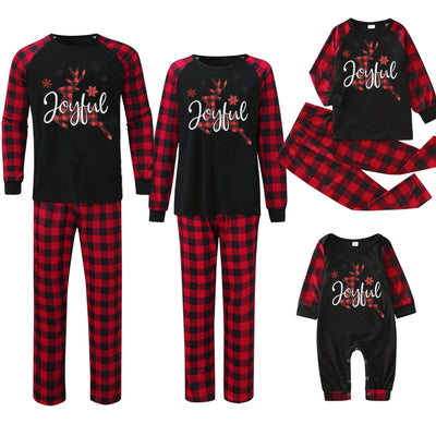 Family matching Christmas pajamas with black tops, red and black buffalo plaid sleeves and pants, featuring Santa and reindeer graphic. - Image 12