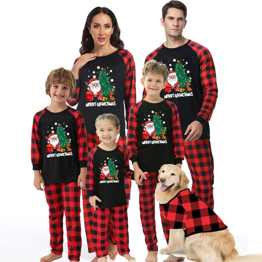 Men's Christmas pajama set with a black long-sleeve top featuring Santa, a Christmas tree, and Max, the Grinch's dog, with "Merry Grinchmas" text, paired with r - Image 15