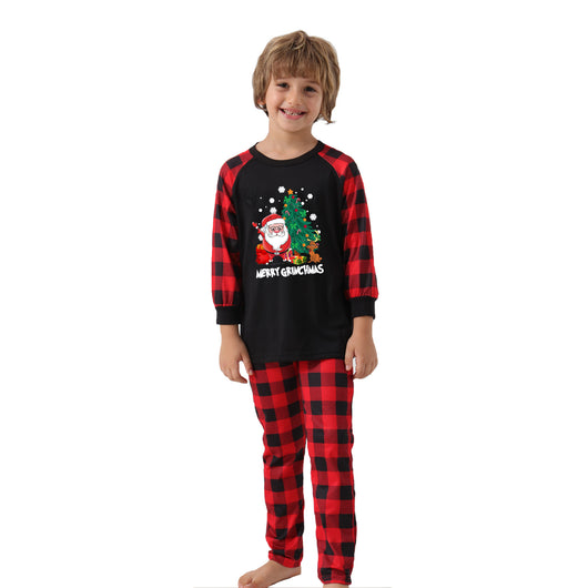 Men's Christmas pajama set with a black long-sleeve top featuring Santa, a Christmas tree, and Max, the Grinch's dog, with "Merry Grinchmas" text, paired with r - Image 18